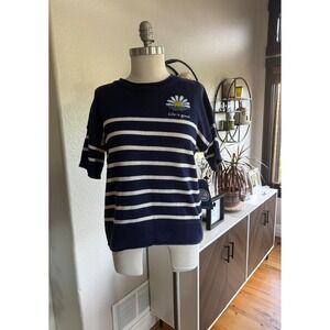 Life is Good Women's Medium Navy Striped Crew Neck Knit Sweater Nautical Coastal